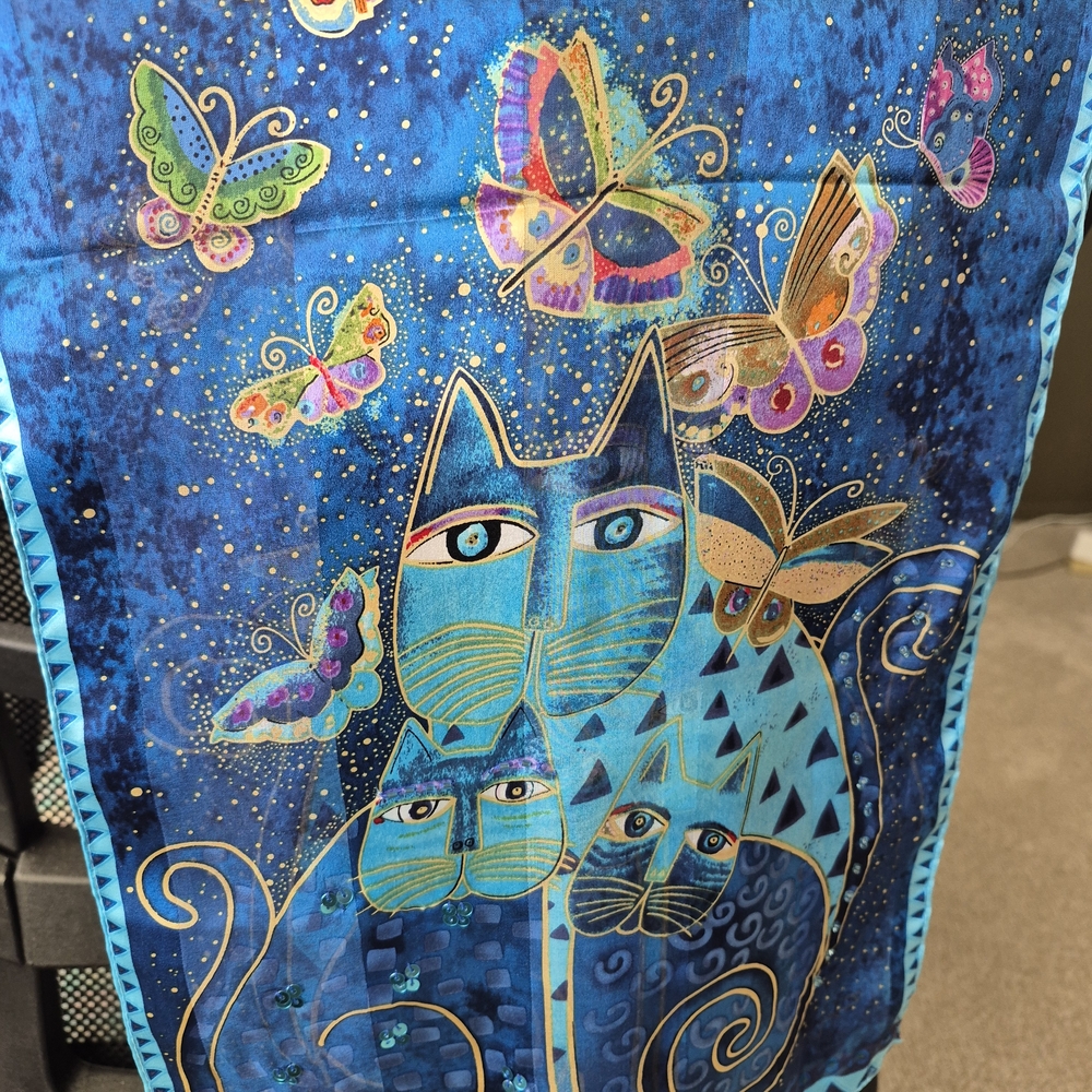 Laurel Burch Silk Indigo Cats and Butterflies Scarf